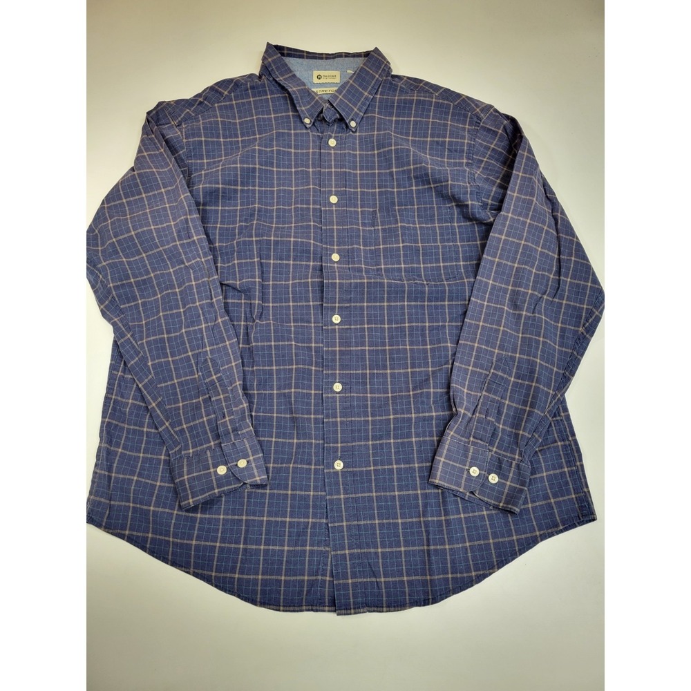 Haggar Stretch Button Down Shirt Mens XXL Blue Plaid Long Sleeve Cotton Blend